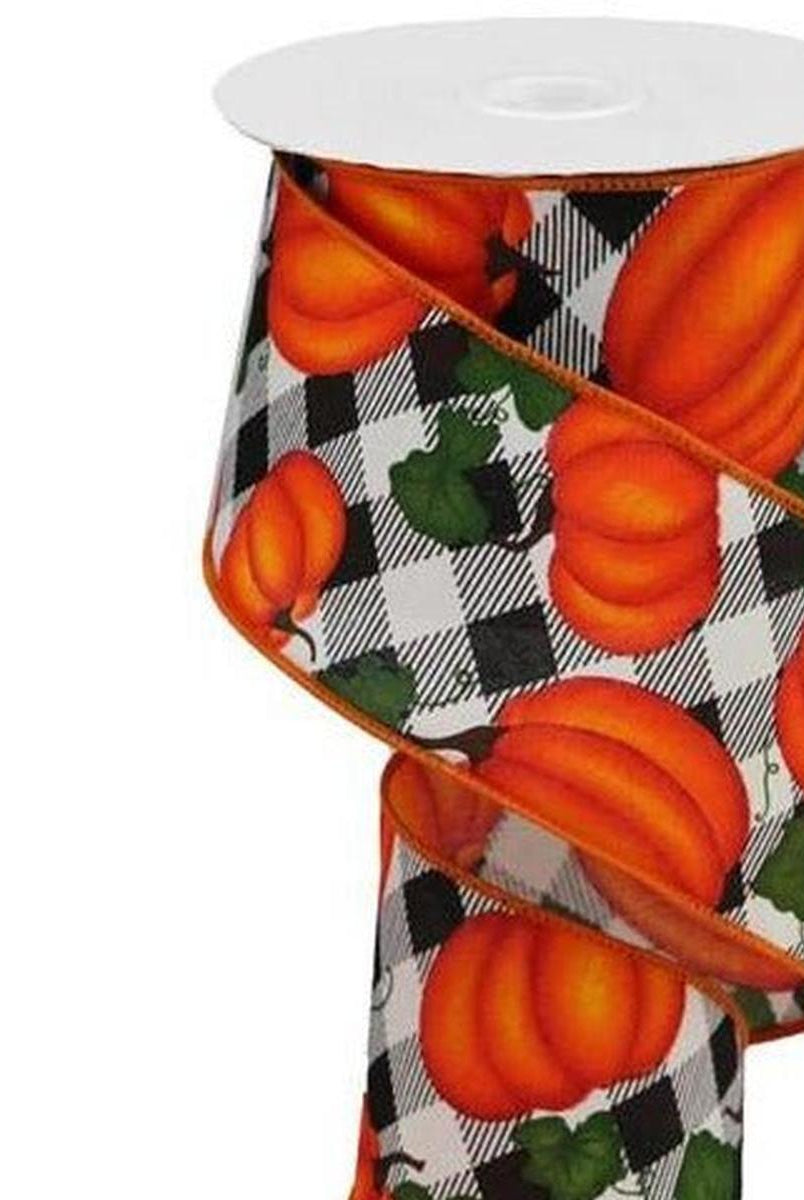 Shop For 2.5" Leaves Pumpkin on Check Ribbon: Cream (10 Yards) at Michelle's aDOORable Creations