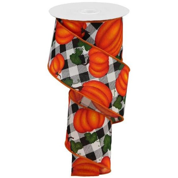Shop For 2.5" Leaves Pumpkin on Check Ribbon: Cream (10 Yards) at Michelle's aDOORable Creations