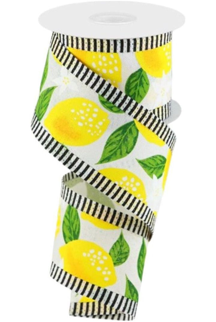 2.5" Lemon Thin Stripes Ribbon: White (10 Yards) - Michelle's aDOORable Creations - Wired Edge Ribbon