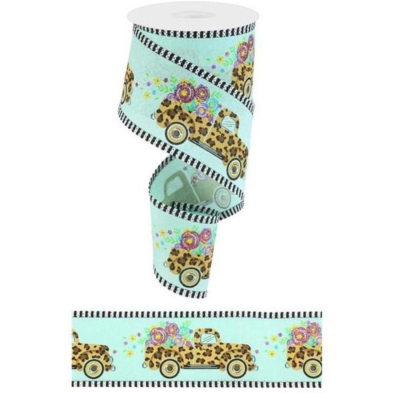 Shop For 2.5" Leopard Truck Flower Stripe Ribbon: Mint Green (10 Yards) at Michelle's aDOORable Creations