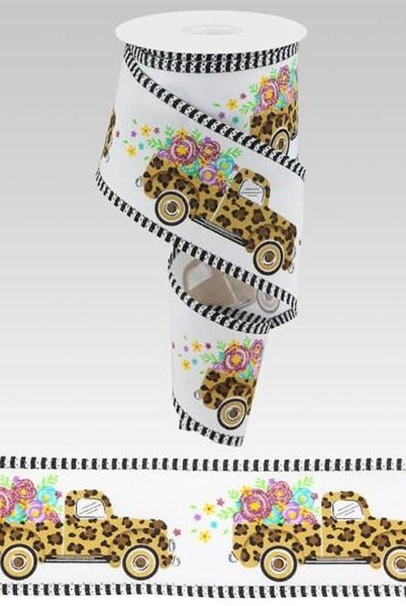 Shop For 2.5" Leopard Truck Flower Stripe Ribbon: White (10 Yards) at Michelle's aDOORable Creations