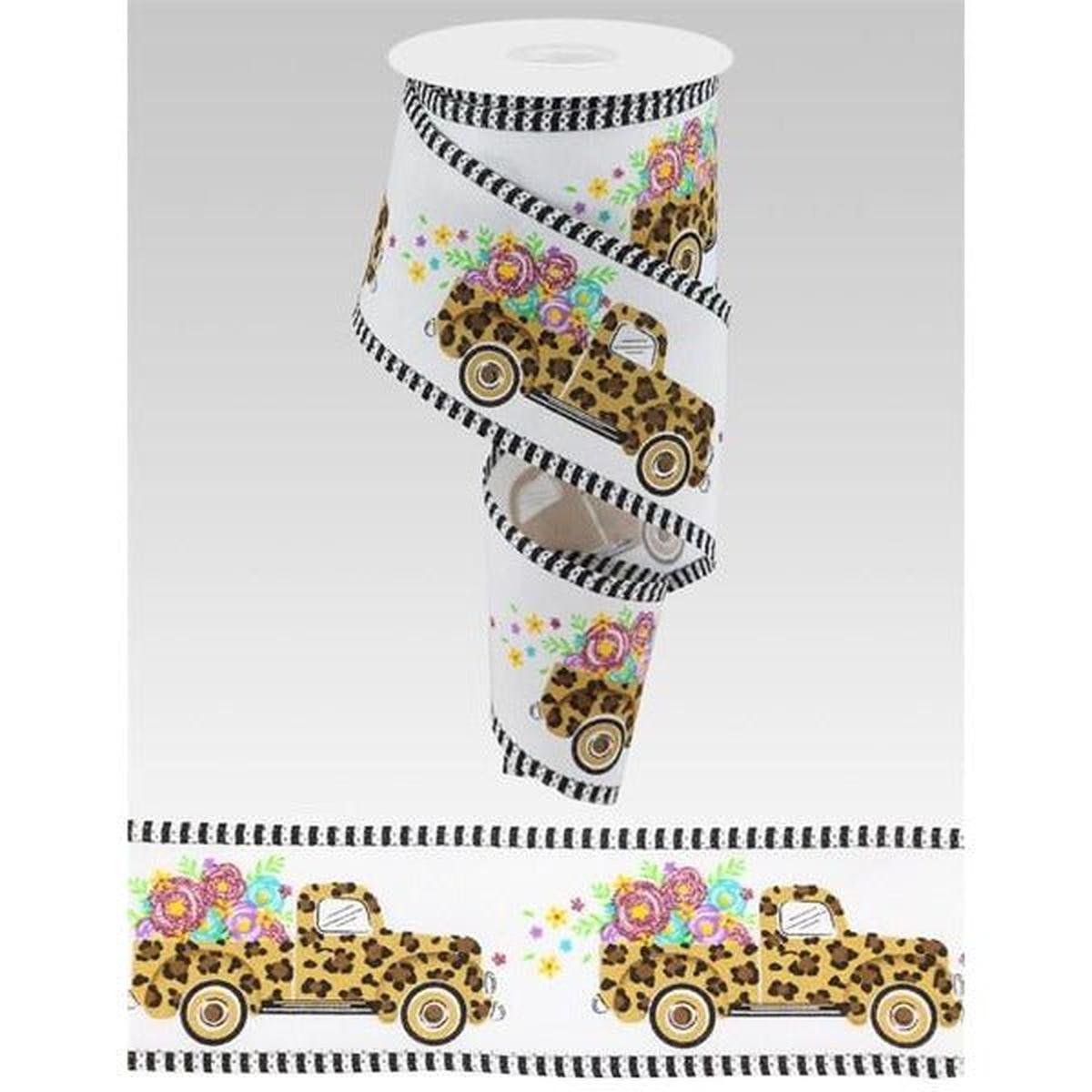 Shop For 2.5" Leopard Truck Flower Stripe Ribbon: White (10 Yards) at Michelle's aDOORable Creations