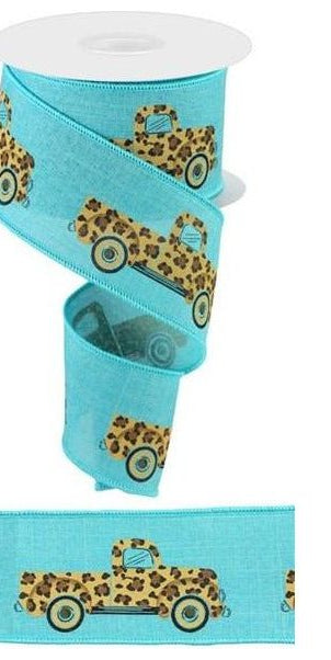 2.5" Leopard Truck Royal Ribbon: Light Teal (10 Yards) - Michelle's aDOORable Creations - Wired Edge Ribbon