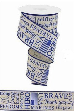 Shop For 2.5" Marines Ribbon: Light Natural & Blue (10 Yards) at Michelle's aDOORable Creations
