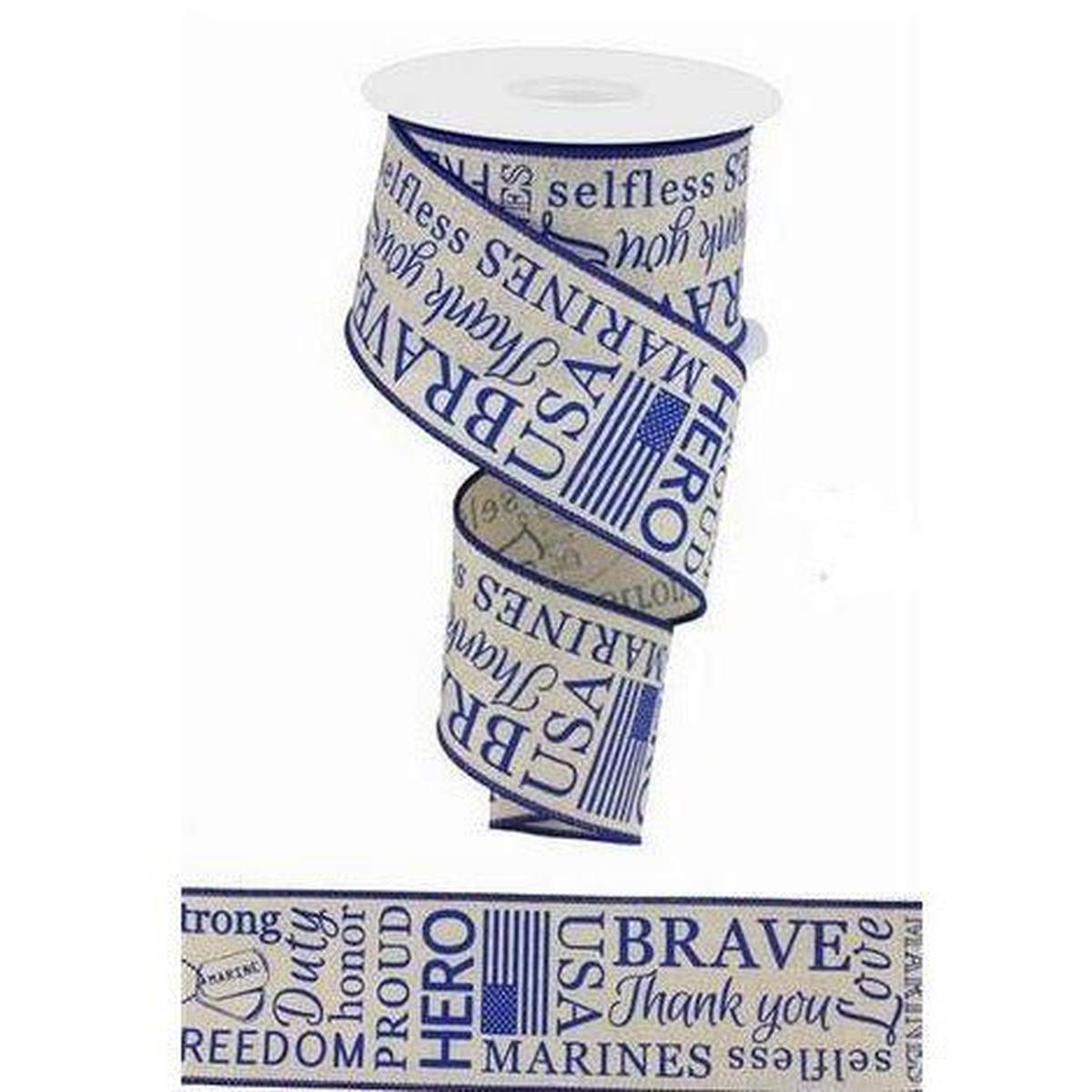 Shop For 2.5" Marines Ribbon: Light Natural & Blue (10 Yards) at Michelle's aDOORable Creations