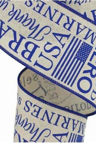 Shop For 2.5" Marines Ribbon: Light Natural & Blue (10 Yards) at Michelle's aDOORable Creations
