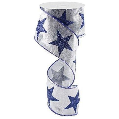 Shop For 2.5" Metallic Star Ribbon: Silver & Navy (10 Yards) at Michelle's aDOORable Creations