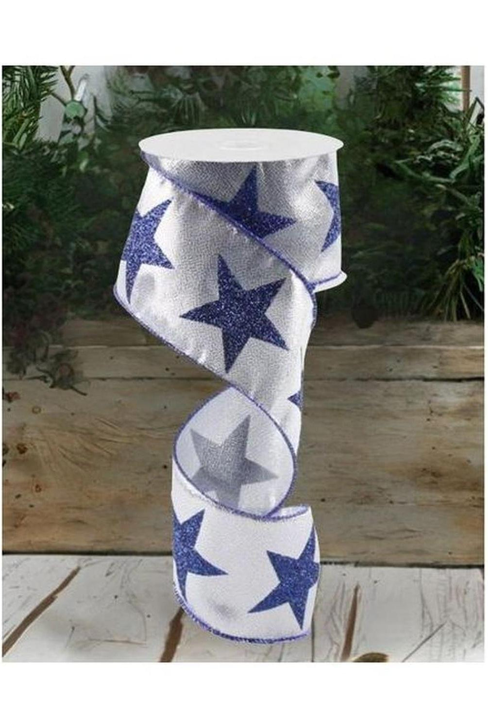 2.5" Metallic Star Ribbon: Silver & Navy (10 Yards)
