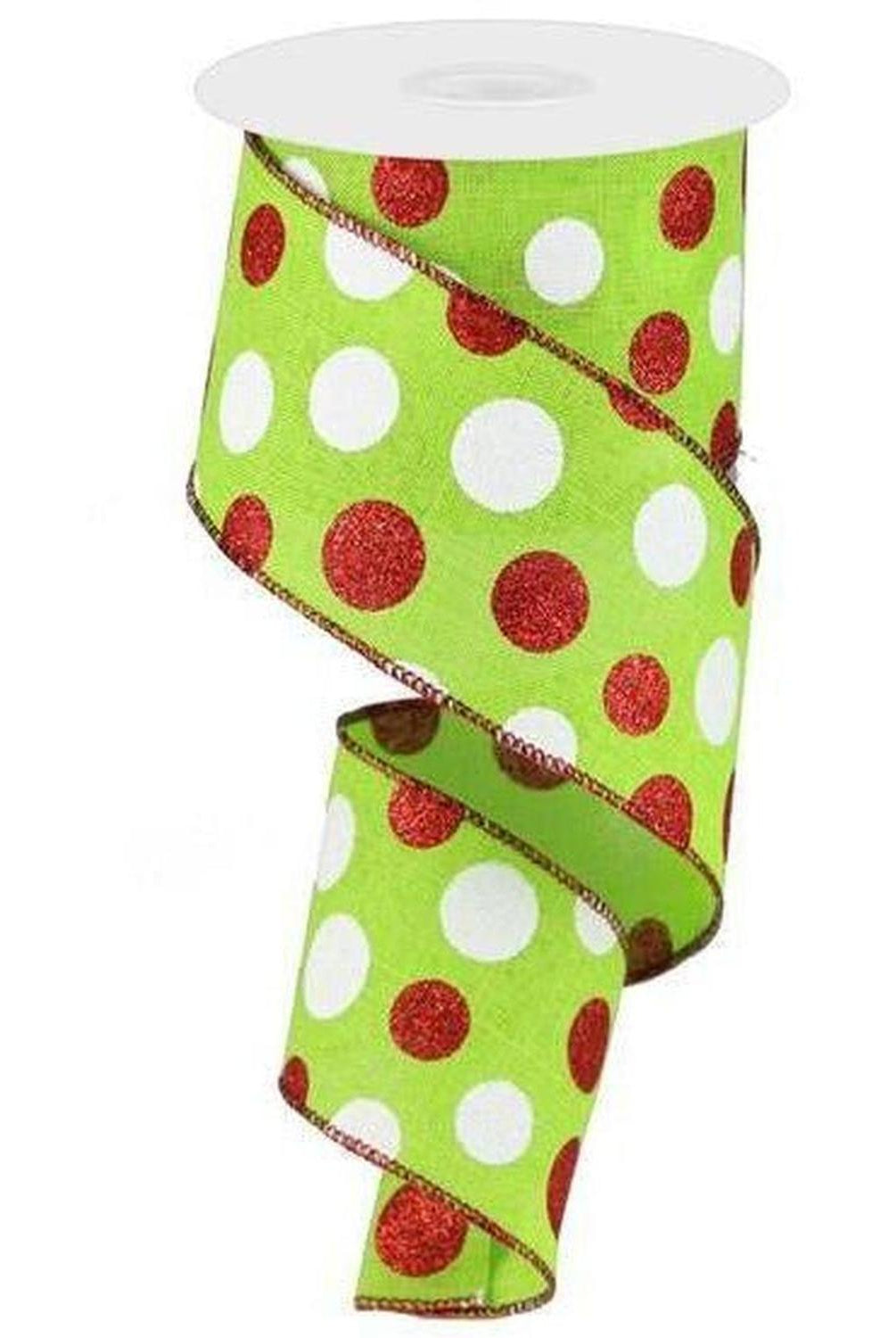 2.5" Multi Glitter Dots Ribbon: Lime Green, Red, White (10 Yards)