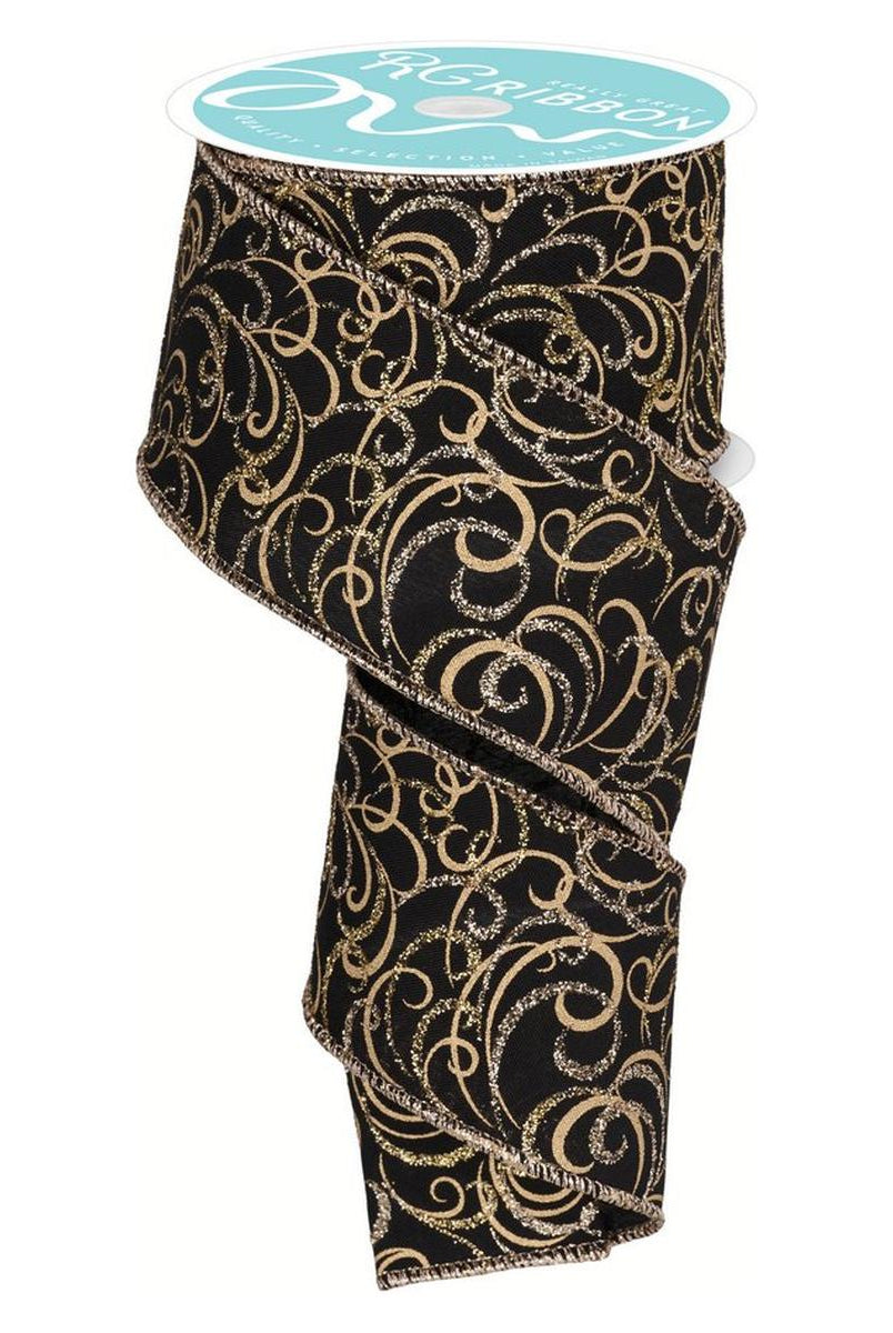 Shop For 2.5" Multi Swirls Glitter Ribbon: Black/Gold (10 Yard) at Michelle's aDOORable Creations