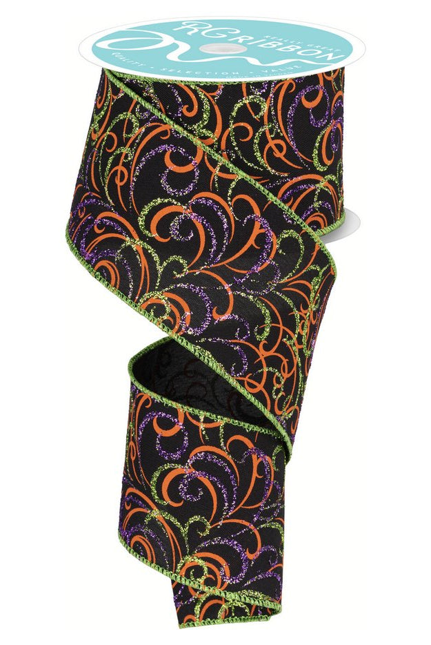 Shop For 2.5" Multi Swirls Glitter Ribbon: Black/Orange/Purple/Lime (10 Yard) at Michelle's aDOORable Creations
