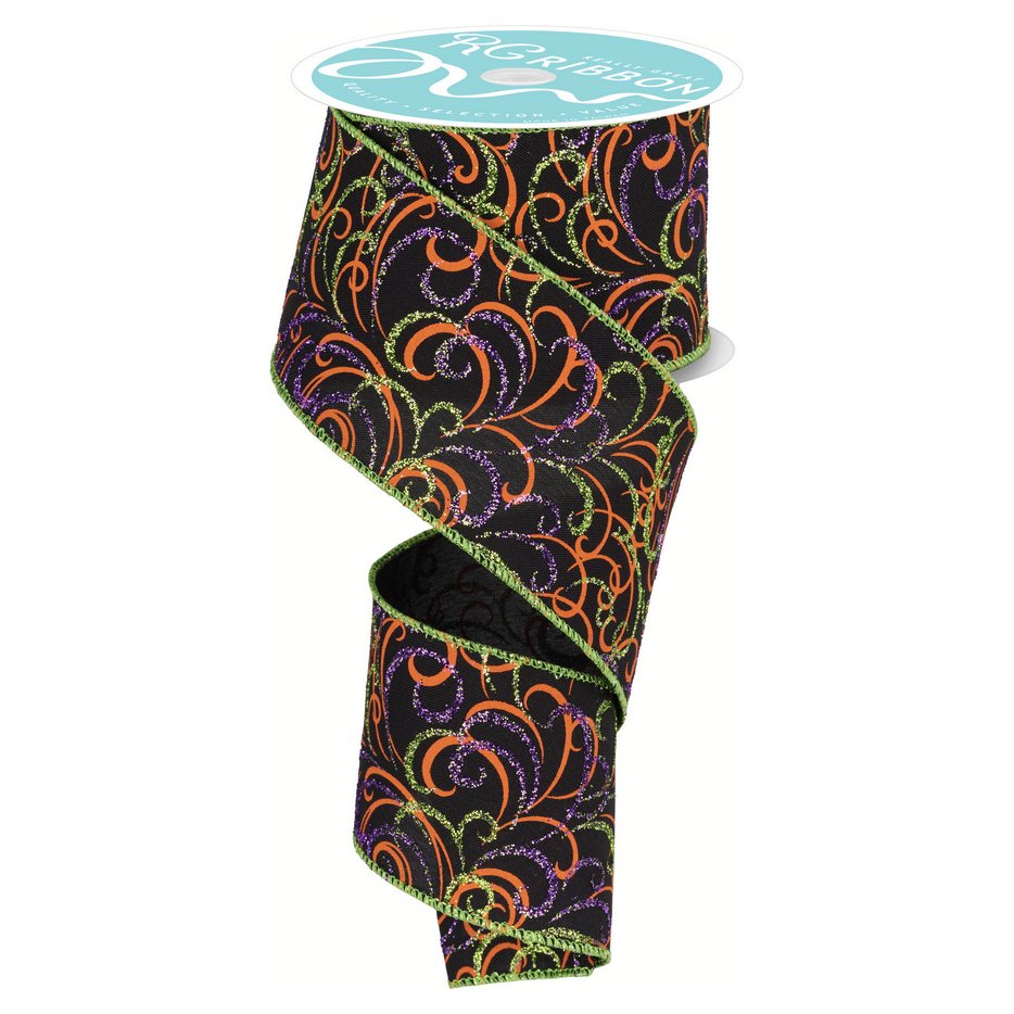 Shop For 2.5" Multi Swirls Glitter Ribbon: Black/Orange/Purple/Lime (10 Yard) at Michelle's aDOORable Creations