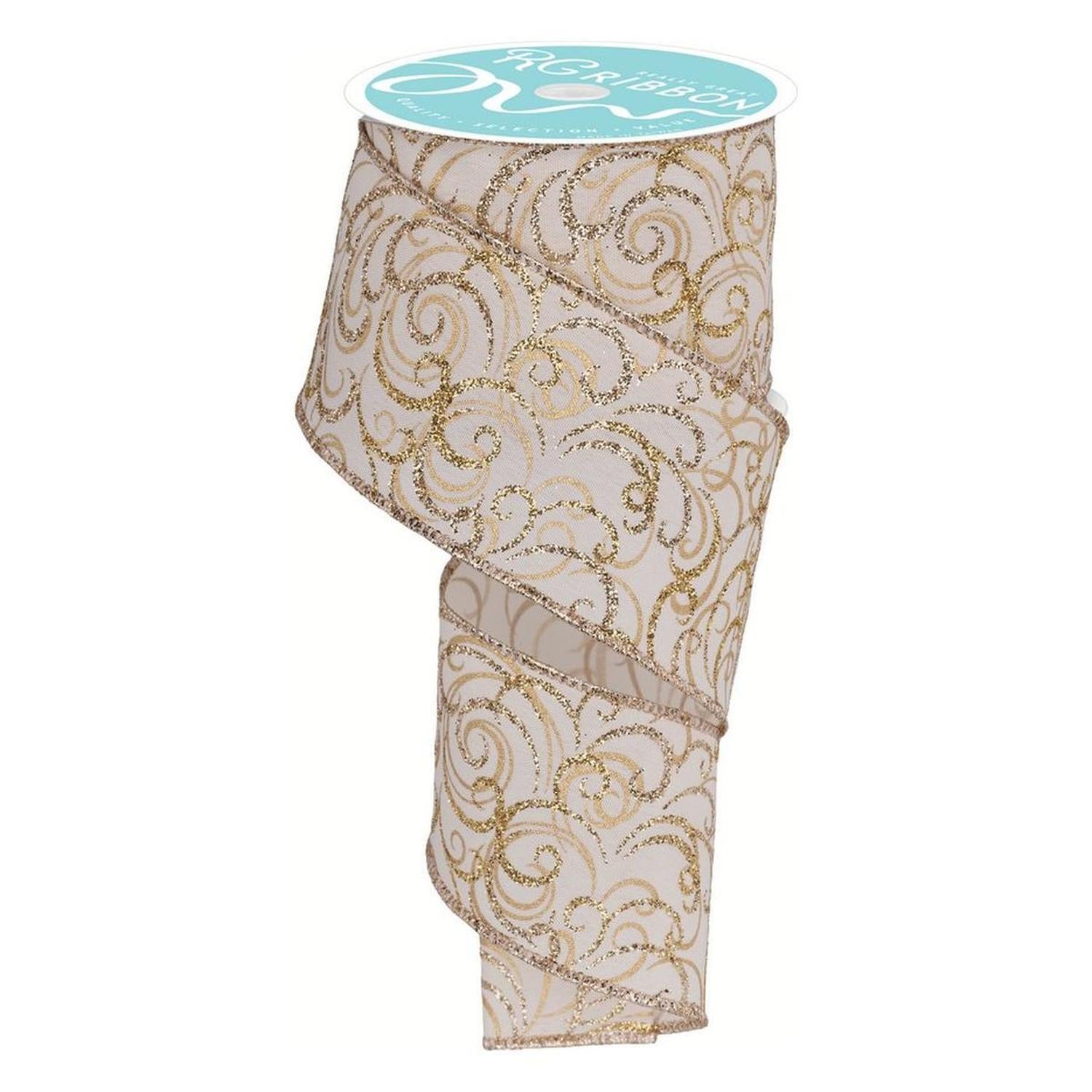 Shop For 2.5" Multi Swirls Glitter Ribbon: Cream/Gold (10 Yard) at Michelle's aDOORable Creations