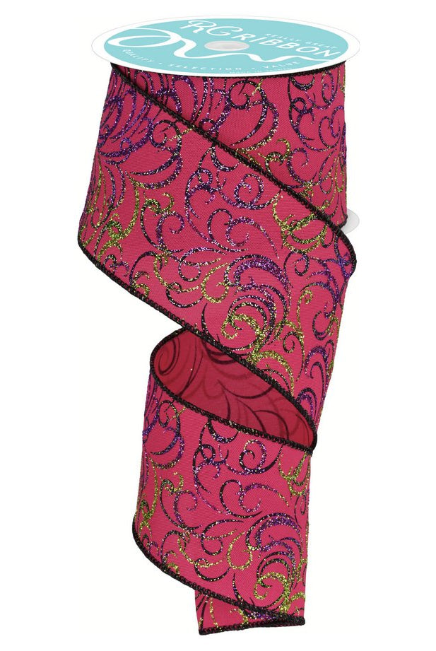 Shop For 2.5" Multi Swirls Glitter Ribbon: Hot Pink/Lime/Black (10 Yard) at Michelle's aDOORable Creations