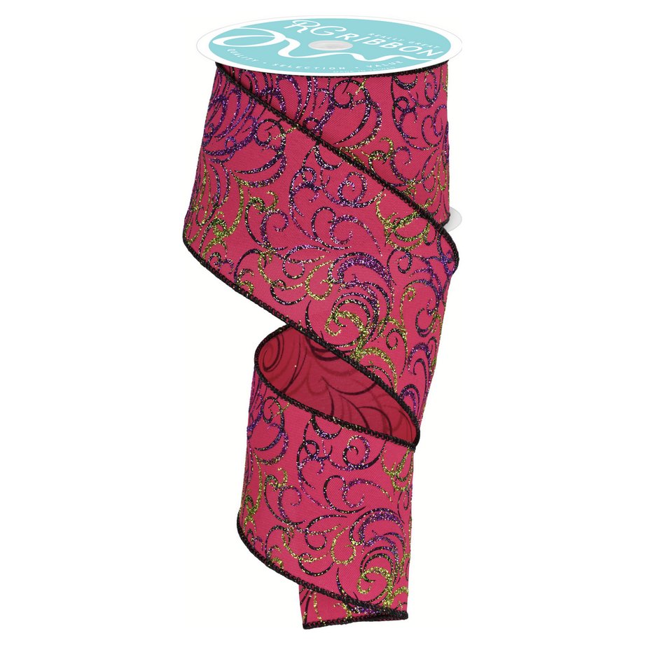 Shop For 2.5" Multi Swirls Glitter Ribbon: Hot Pink/Lime/Black (10 Yard) at Michelle's aDOORable Creations