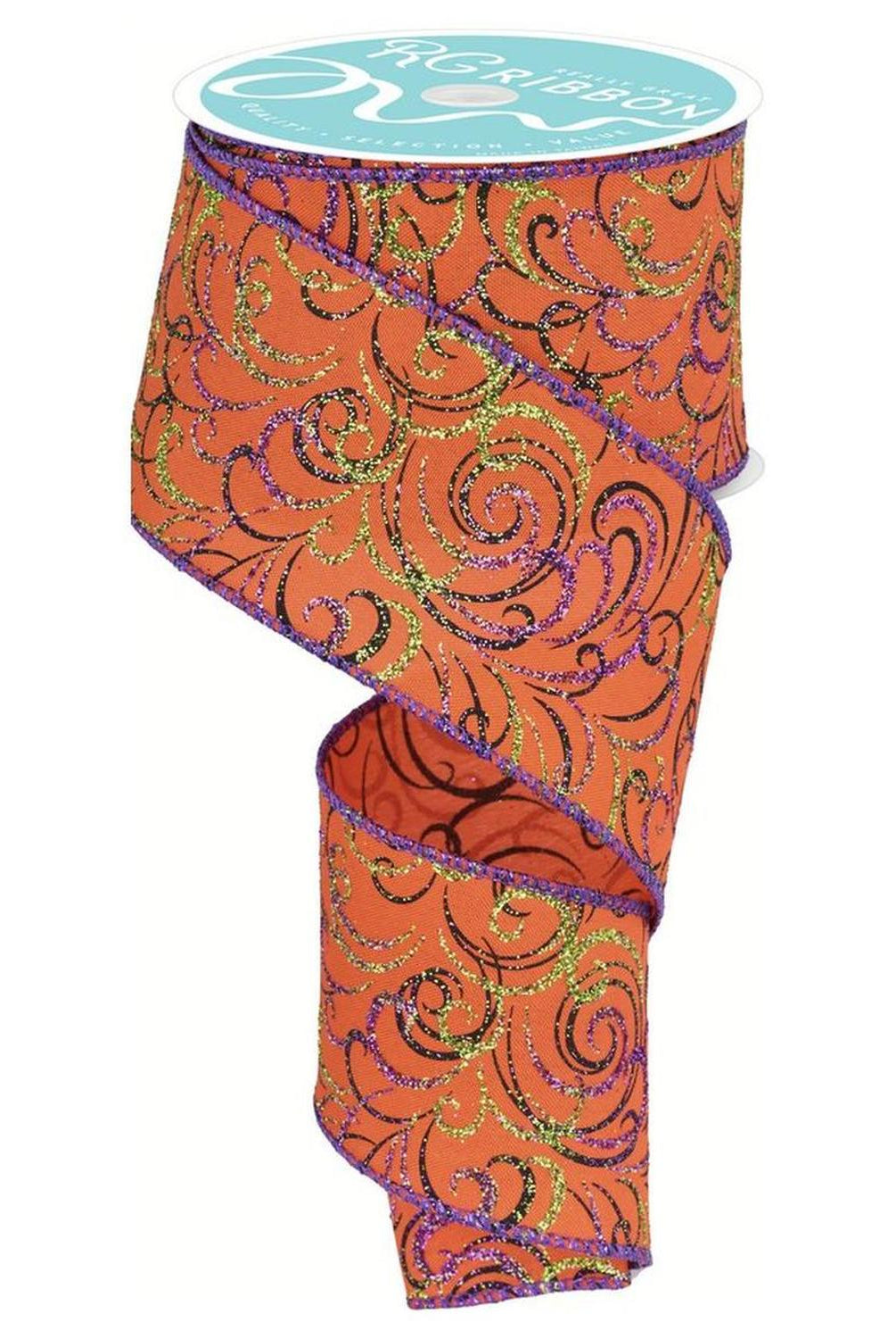 2.5" Multi Swirls Glitter Ribbon: Orange/Black/Purple (10 Yard)