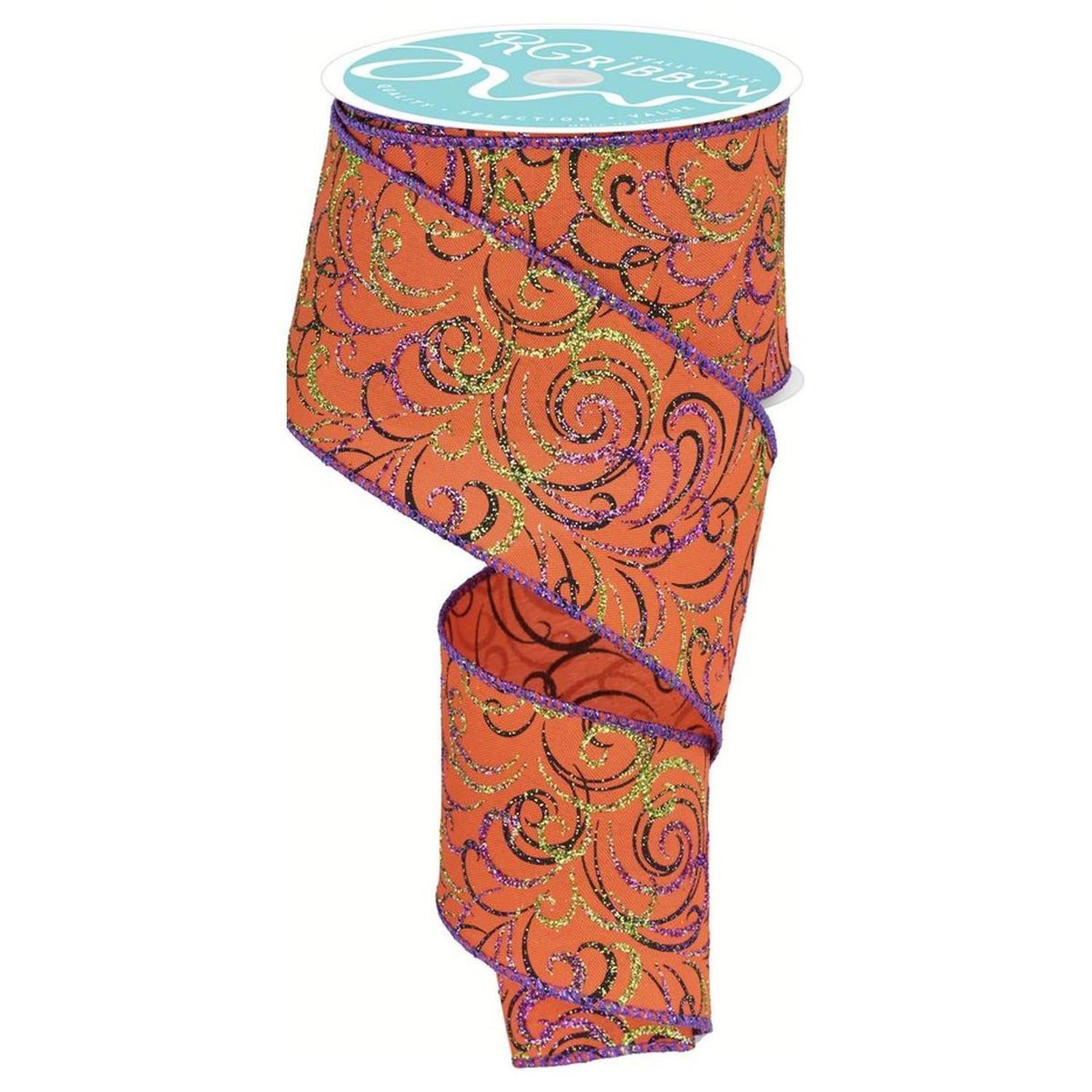 Shop For 2.5" Multi Swirls Glitter Ribbon: Orange/Black/Purple (10 Yard) at Michelle's aDOORable Creations