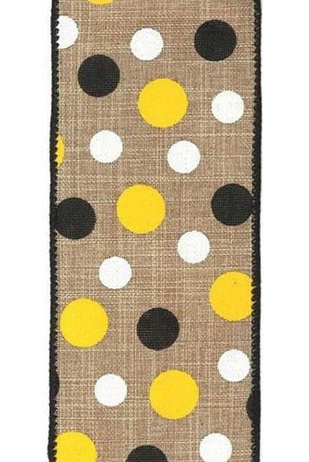 2.5" Natural Canvas Ribbon: Black, Yellow, White Dots (10 Yards)
