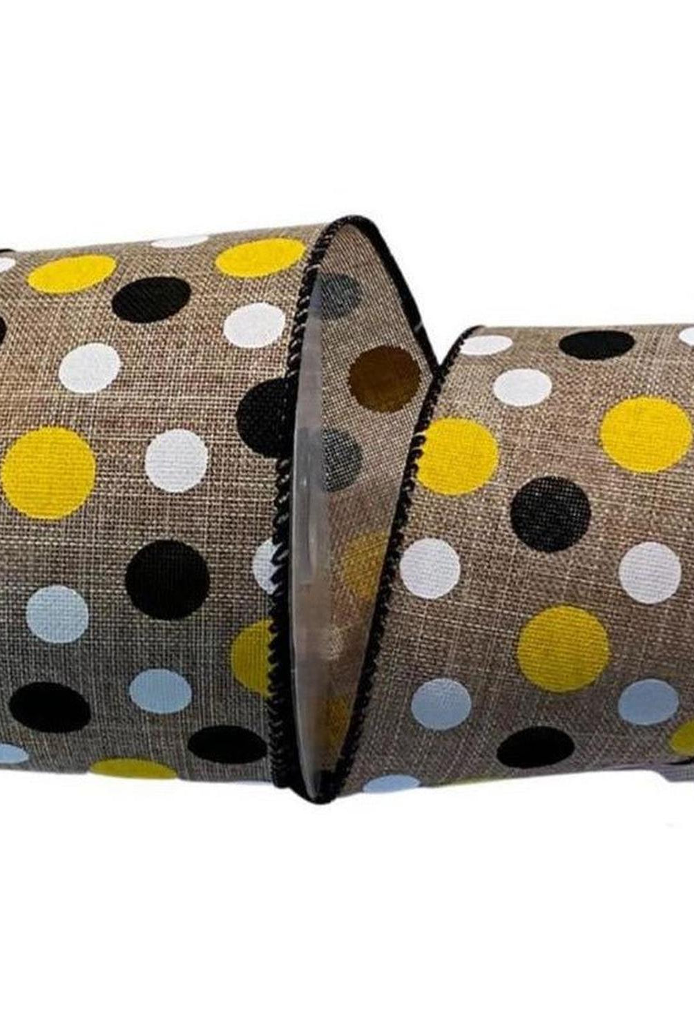 2.5" Natural Canvas Ribbon: Black, Yellow, White Dots (10 Yards)