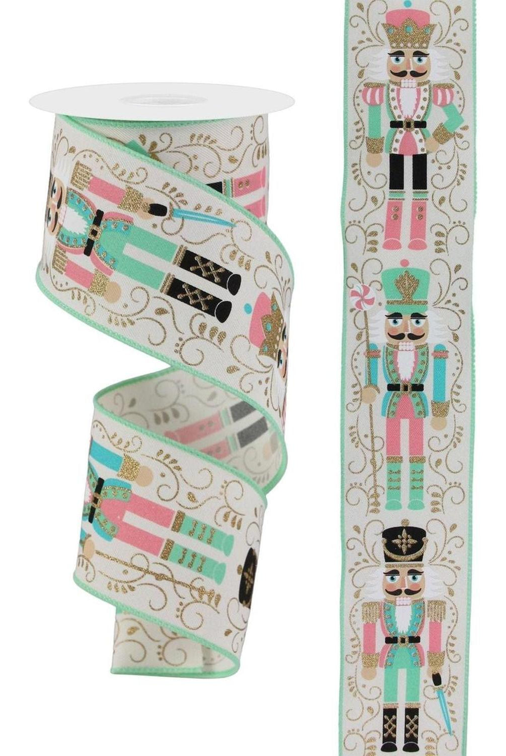 2.5" Nutcracker Ribbon: Ivory/Mint Green (10 Yards)