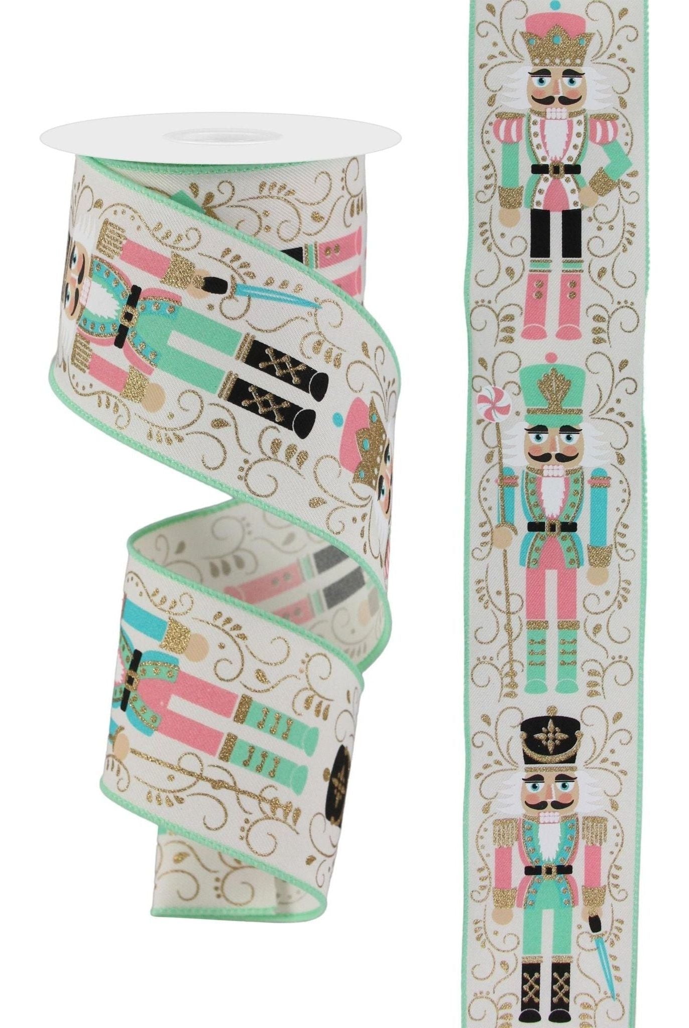 Shop For 2.5" Nutcracker Ribbon: Ivory/Mint Green (10 Yards) at Michelle's aDOORable Creations