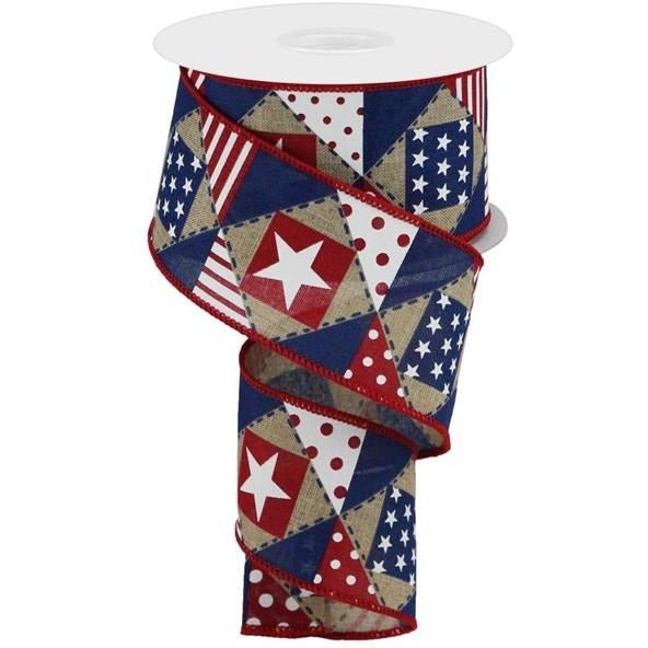 Shop For 2.5" Patriotic Patchwork Royal Ribbon: Natural (10 Yards) at Michelle's aDOORable Creations