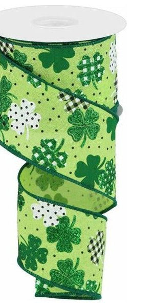 2.5" Pattern Shamrock Ribbon: Bright Green (10 Yards) - Michelle's aDOORable Creations - Wired Edge Ribbon