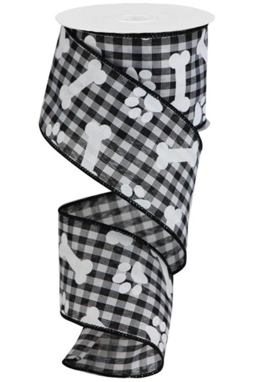 Shop For 2.5" Paw Print Bone Check Ribbon: Black/White (10 Yards) at Michelle's aDOORable Creations