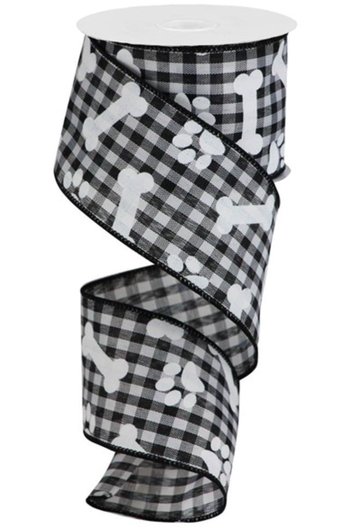 Shop For 2.5" Paw Print Bone Check Ribbon: Black/White (10 Yards) at Michelle's aDOORable Creations