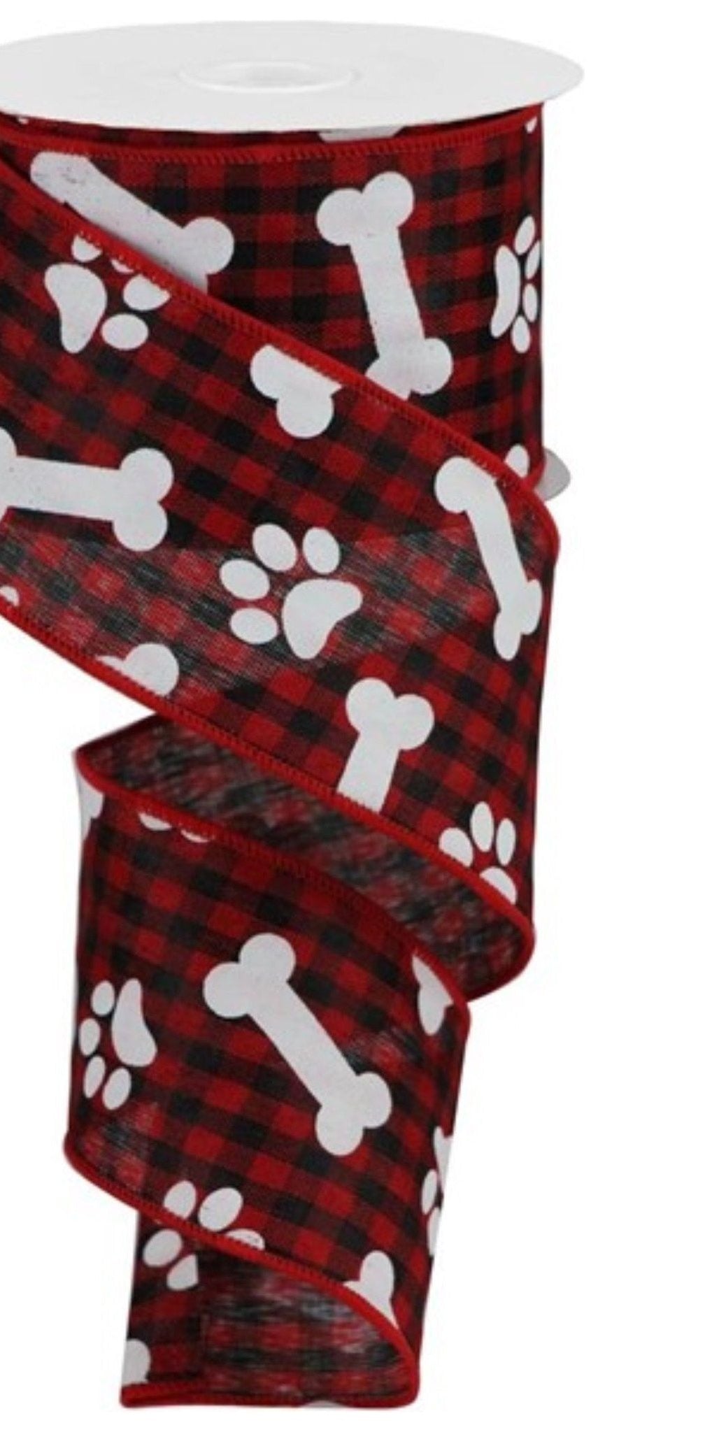2.5" Paw Print Bone Check Ribbon: Red/Black (10 Yards) - Michelle's aDOORable Creations - Wired Edge Ribbon