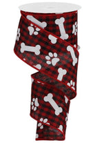 2.5" Paw Print Bone Check Ribbon: Red/Black (10 Yards) - Michelle's aDOORable Creations - Wired Edge Ribbon