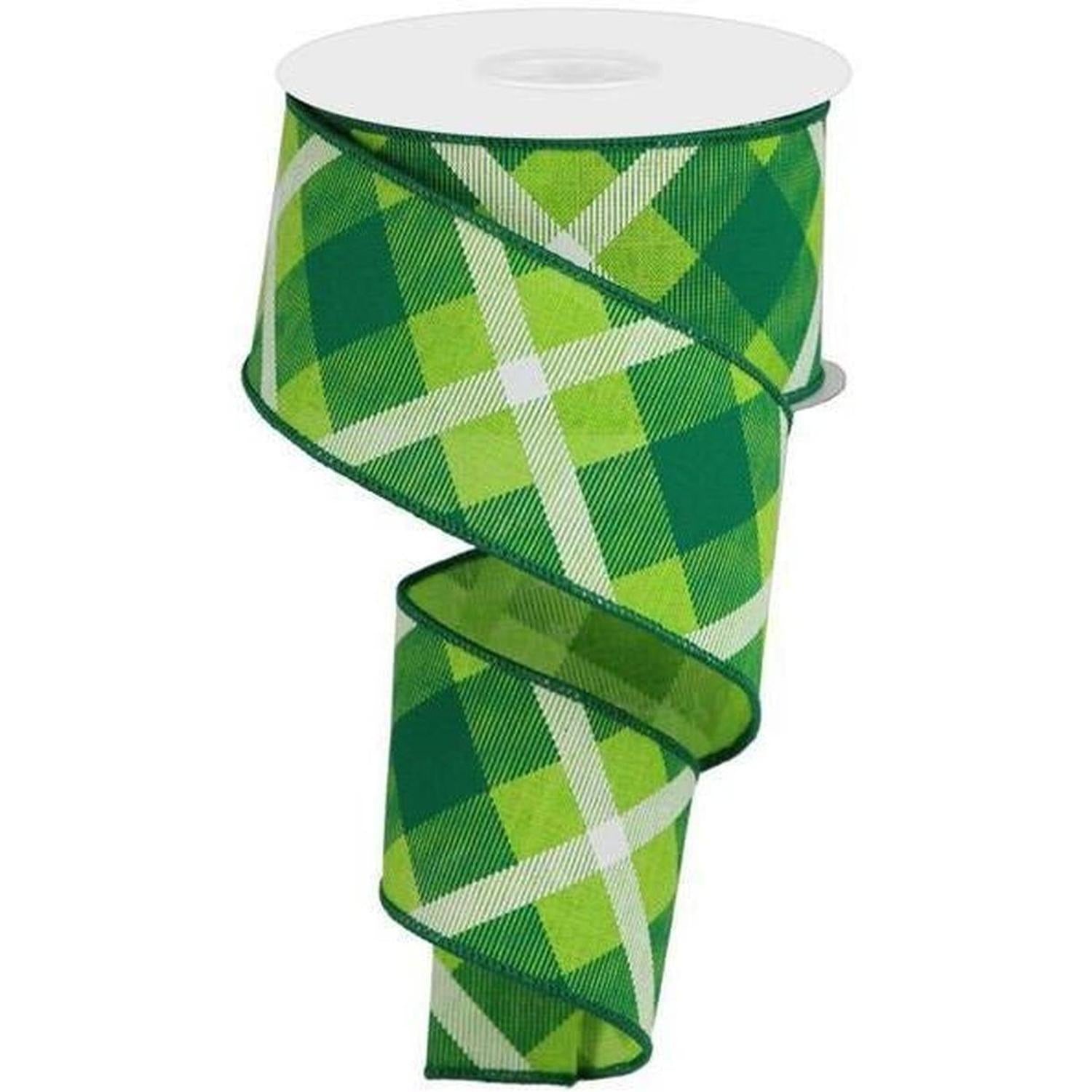 Shop For 2.5" Printed Plaid Ribbon: Lime Green, Green, White (10 Yards) at Michelle's aDOORable Creations