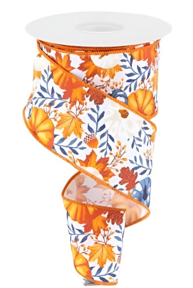 2.5" Pumpkin Foliage Ribbon: White/Navy (10 Yards) - Michelle's aDOORable Creations - Wired Edge Ribbon