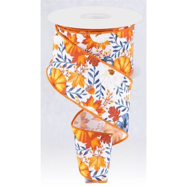 Shop For 2.5" Pumpkin Foliage Ribbon: White/Navy (10 Yards) at Michelle's aDOORable Creations