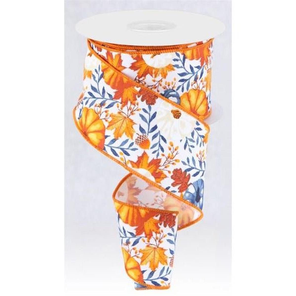 Shop For 2.5" Pumpkin Foliage Ribbon: White/Navy (10 Yards) at Michelle's aDOORable Creations