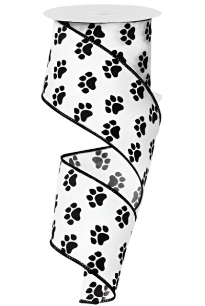 2.5" Satin Paw Print Ribbon: Black & White (10 Yards) - Michelle's aDOORable Creations - Wired Edge Ribbon