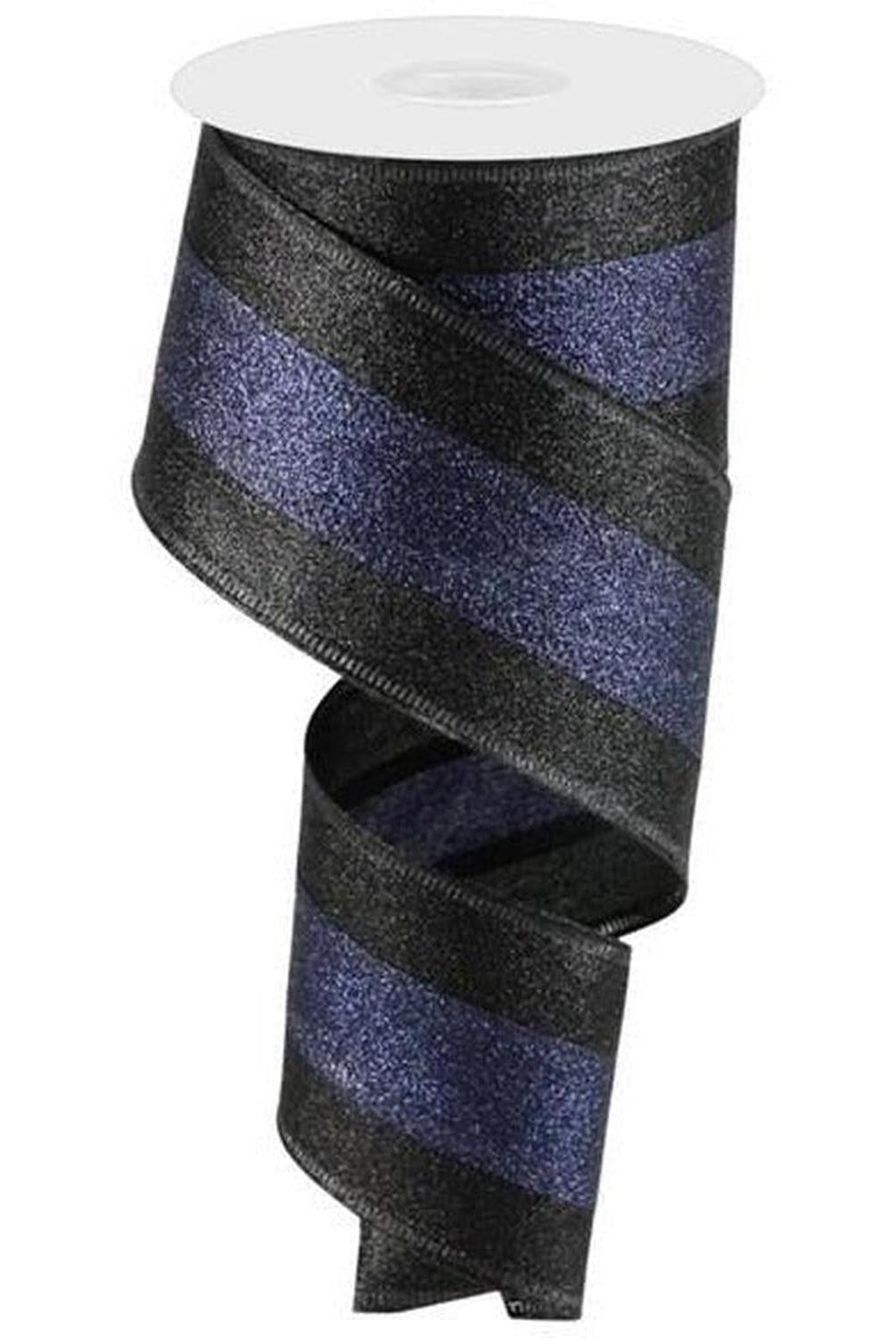2.5" Shimmer Glitter Stripe Ribbon: Black & Navy Blue (10 Yards)