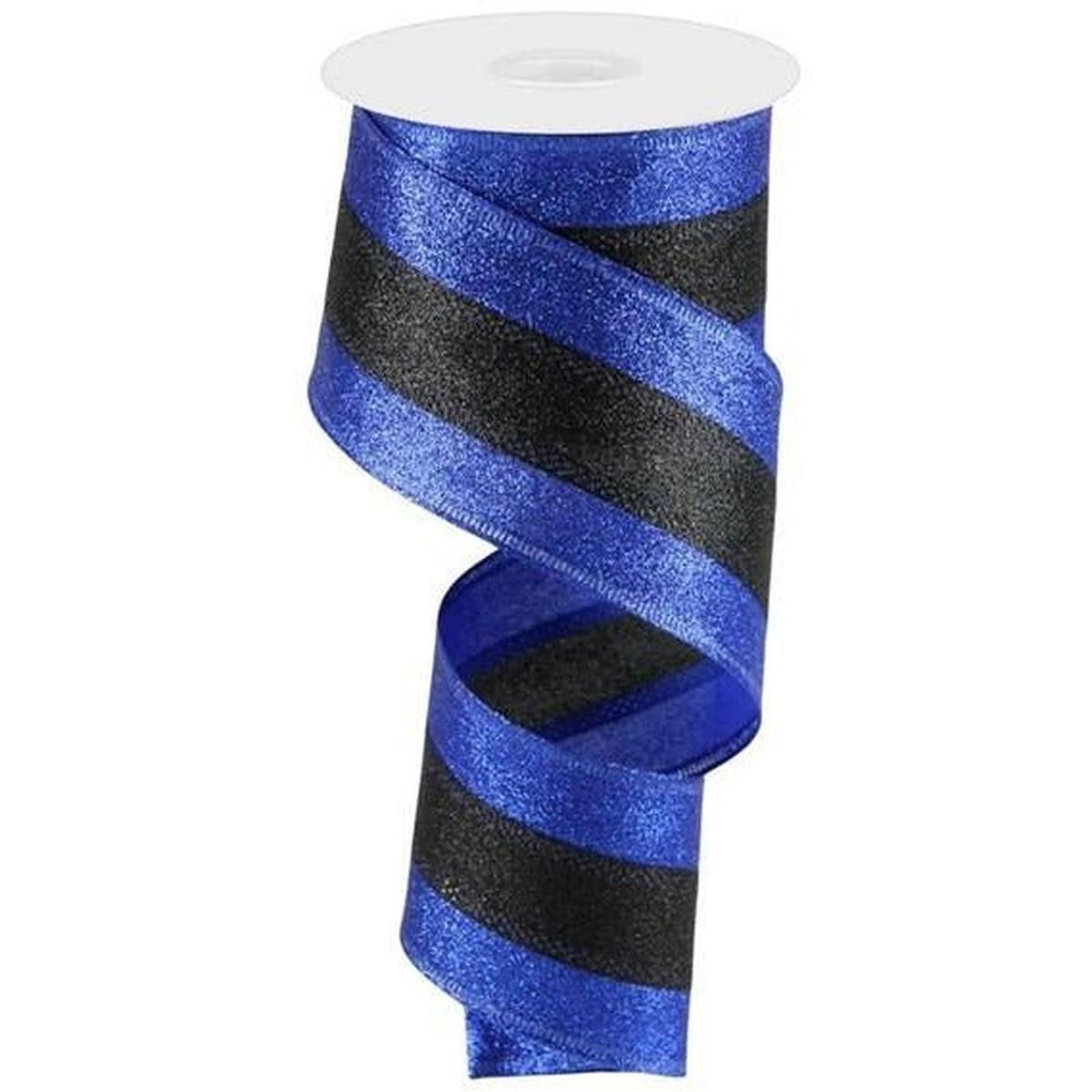 Shop For 2.5" Shimmer Glitter Stripe Ribbon: Royal Blue & Black (10 Yards) at Michelle's aDOORable Creations