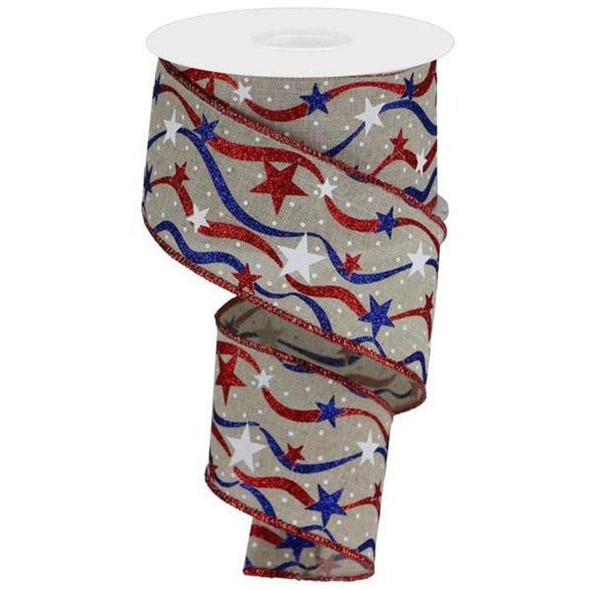 Shop For 2.5" Stars and Wavy Stripes Royal Canvas Ribbon: Natural (10 Yards) at Michelle's aDOORable Creations