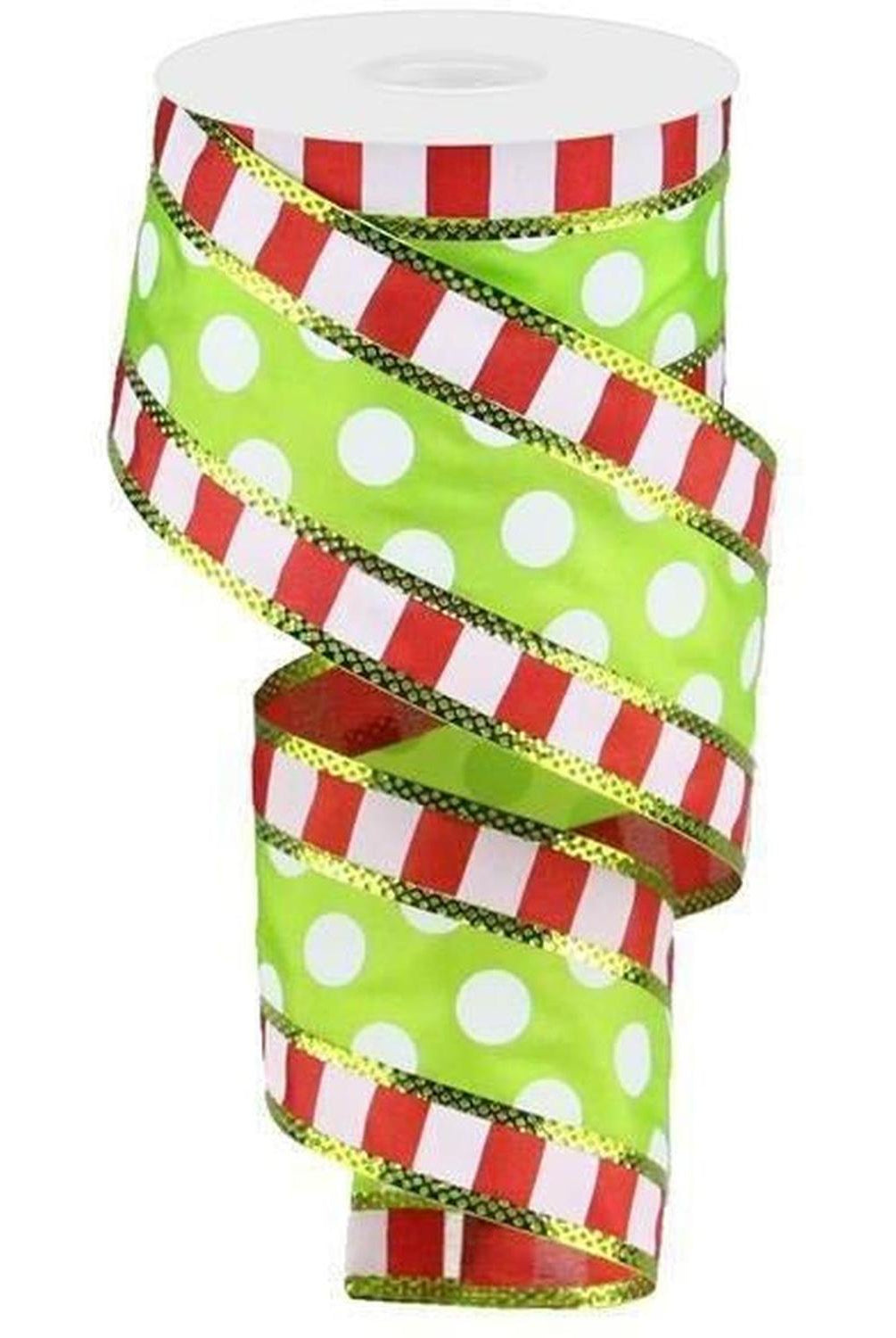 Shop For 2.5" Striped Edge Polka Dot Ribbon: Red, Green & White (10 Yards) at Michelle's aDOORable Creations