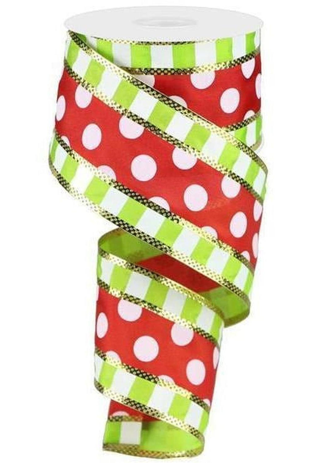 Shop For 2.5" Striped Edge Polka Dot Ribbon: Red, Lime & White (10 Yards) at Michelle's aDOORable Creations