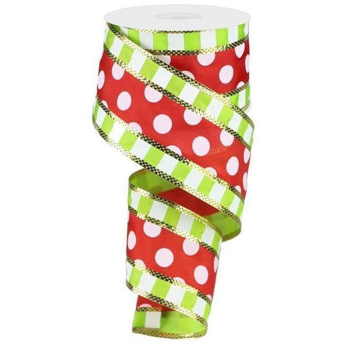 Shop For 2.5" Striped Edge Polka Dot Ribbon: Red, Lime & White (10 Yards) at Michelle's aDOORable Creations