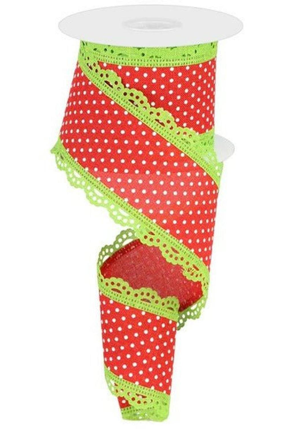 2.5" Swiss Dots Lace Edge Ribbon: Red/Lime Green (10 Yards)