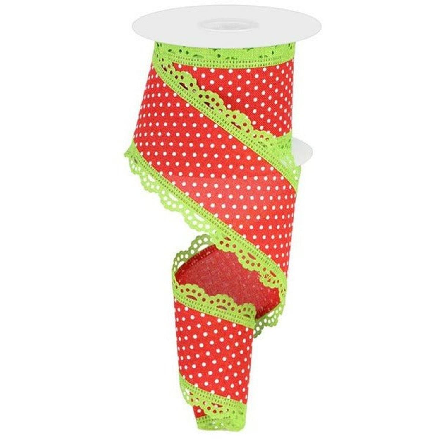 2.5" Swiss Dots Lace Edge Ribbon: Red/Lime Green (10 Yards)