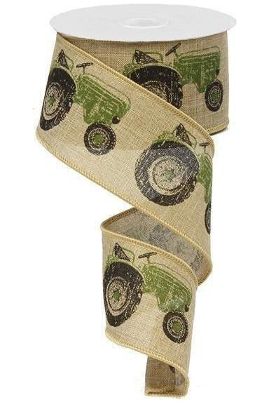 2.5" Tractor Ribbon: Light Beige & Green (10 Yards) - Michelle's aDOORable Creations - Wired Edge Ribbon