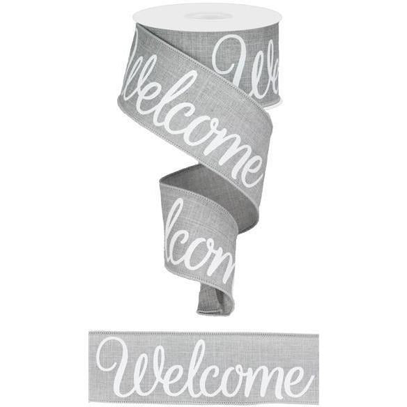 Shop For 2.5" Welcome Royal Ribbon: Light Grey (10 Yards) at Michelle's aDOORable Creations