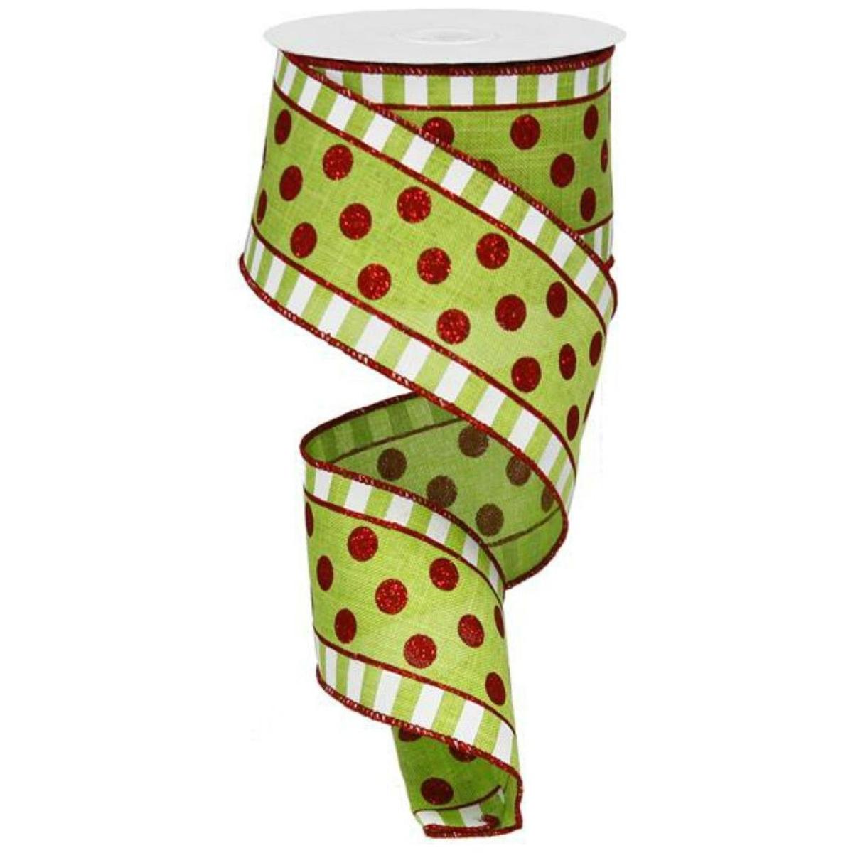 Shop For 2.5in Dots & Stripes Glitter Ribbon: Lime Green, White, Red (10 Yards) at Michelle's aDOORable Creations