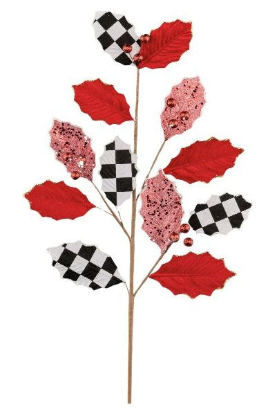 27" Velvet Check Glitter Holly Leaf Spray - Michelle's aDOORable Creations - Sprays and Picks