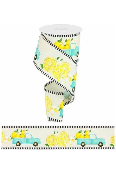 2.75" Truck with Lemons Stripe Ribbon: Ivory (10 Yards) - Michelle's aDOORable Creations - Wired Edge Ribbon