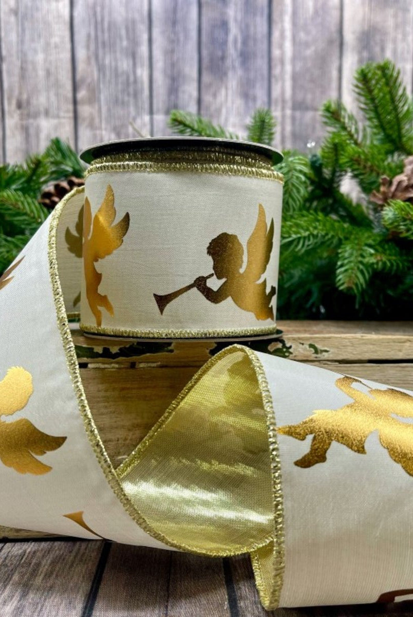 Shop For 3" Taffeta Gold Foil Trumpet Angels Ribbon: White (10 Yards) at Michelle's aDOORable Creations